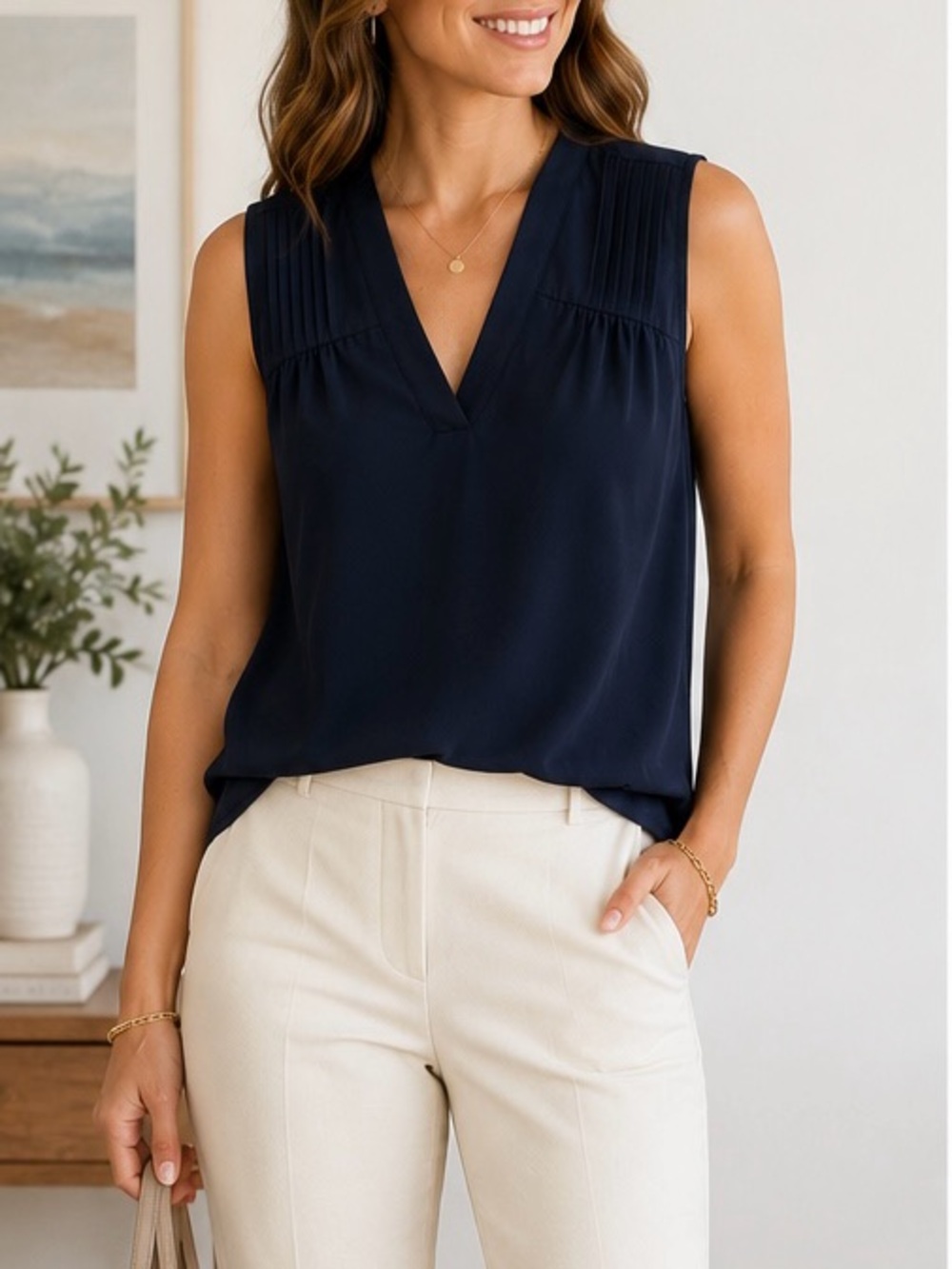 41 Hawthorn Navy Blue Sleeveless V-Neck Pleated Blouse Size M